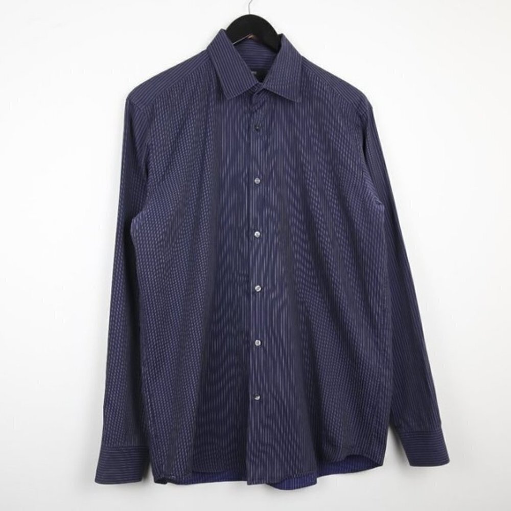 Hugo Boss Regular Fit Dress Shirt in Cotton Flannel Stripes Blue